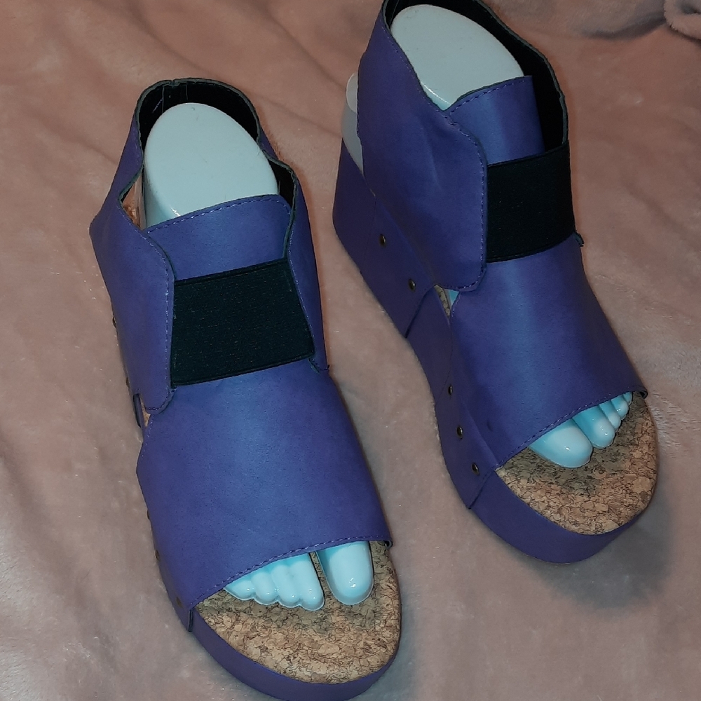 Women's Purple Wedge Sandals with Black Strap Sz 8 (39)